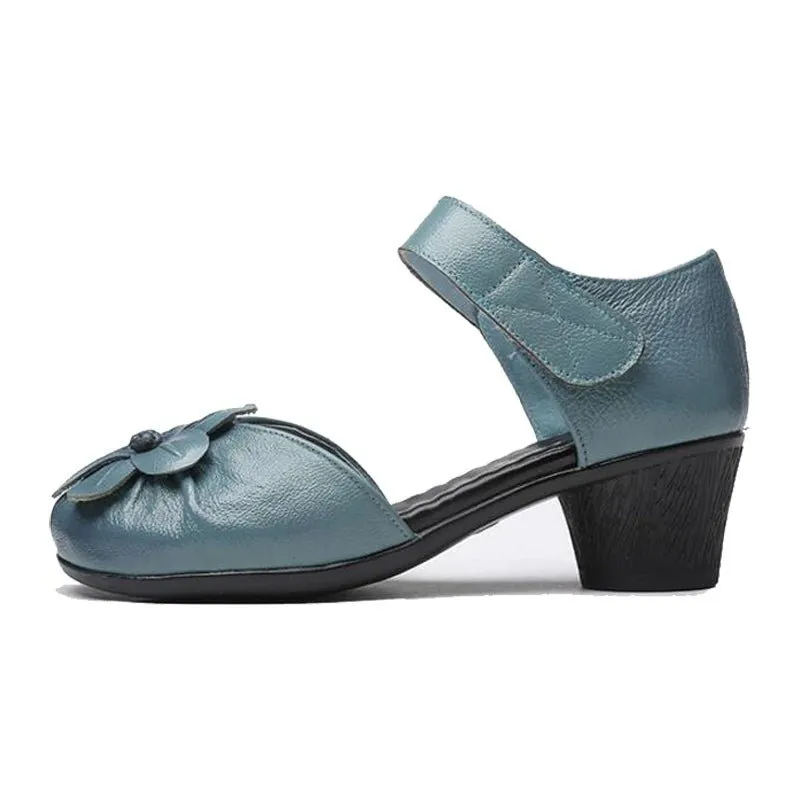 1940s Monochrome Soft Cowhide Round Closed-Toe Floral Sandals