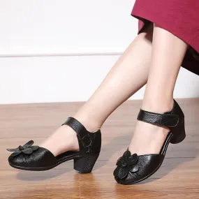 1940s Monochrome Soft Cowhide Round Closed-Toe Floral Sandals