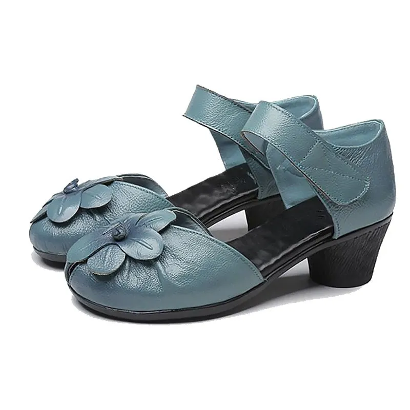 1940s Monochrome Soft Cowhide Round Closed-Toe Floral Sandals