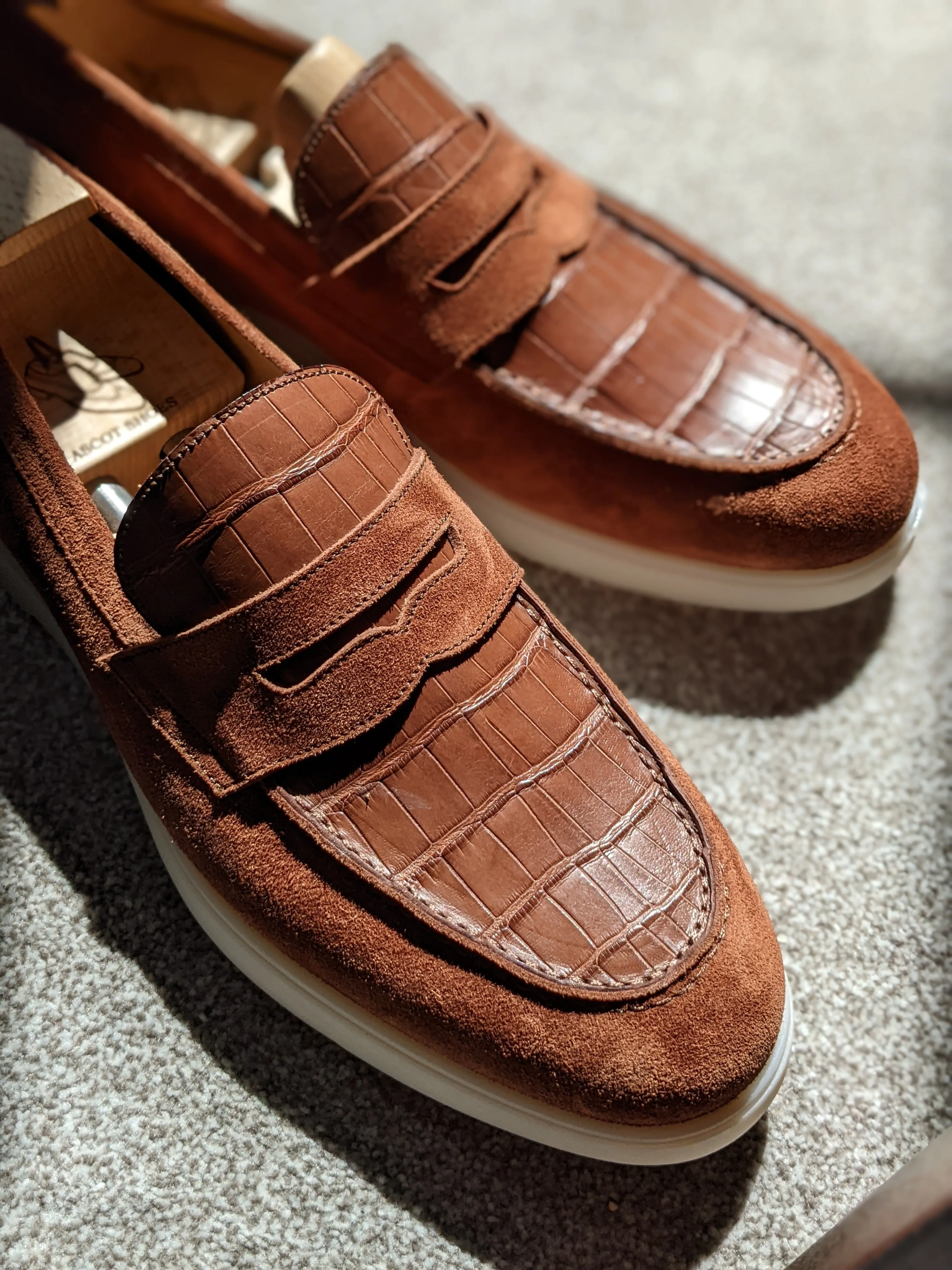 Ascot Classic Loafers - Tan Crocodile & Suede