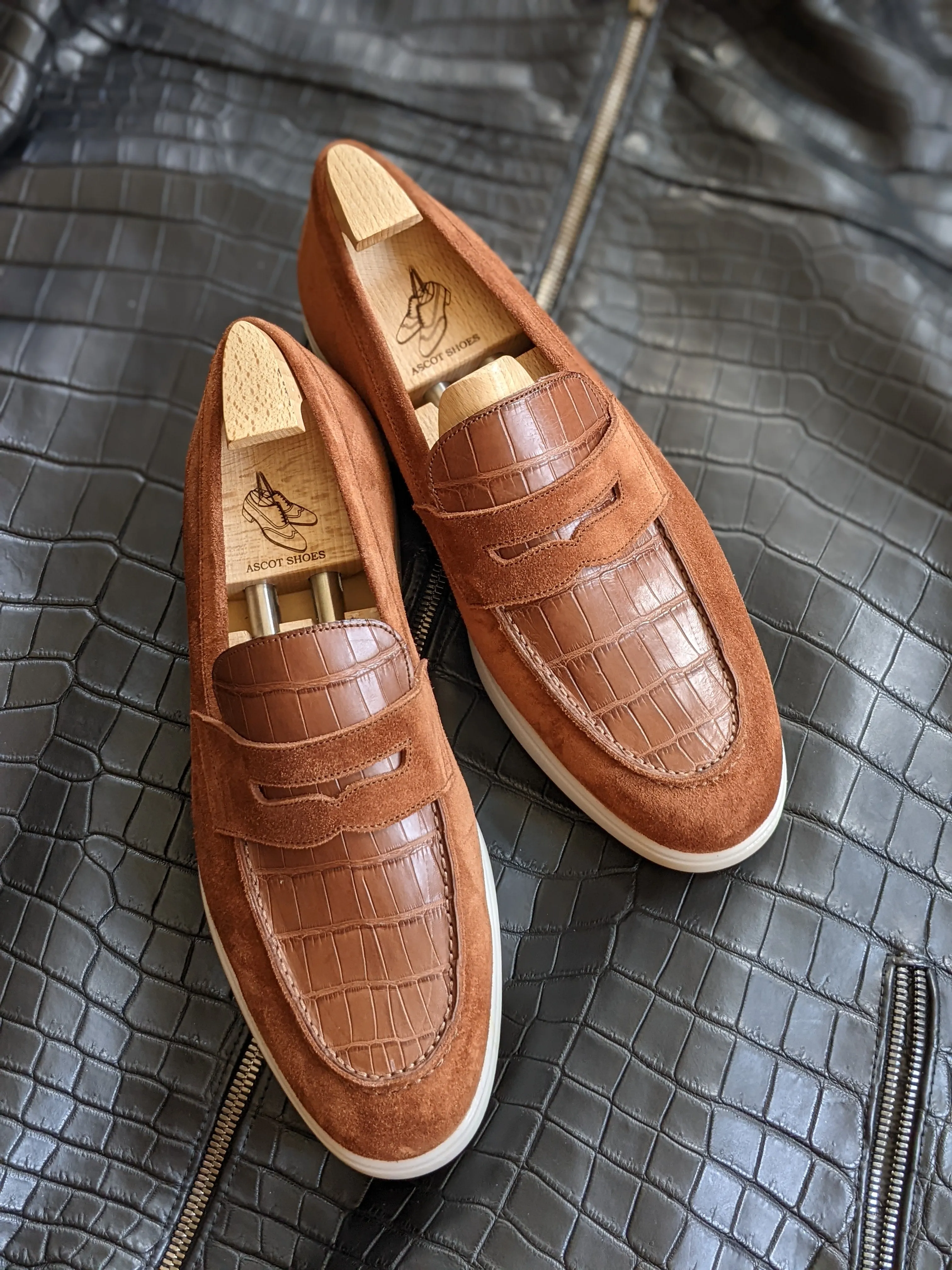 Ascot Classic Loafers - Tan Crocodile & Suede