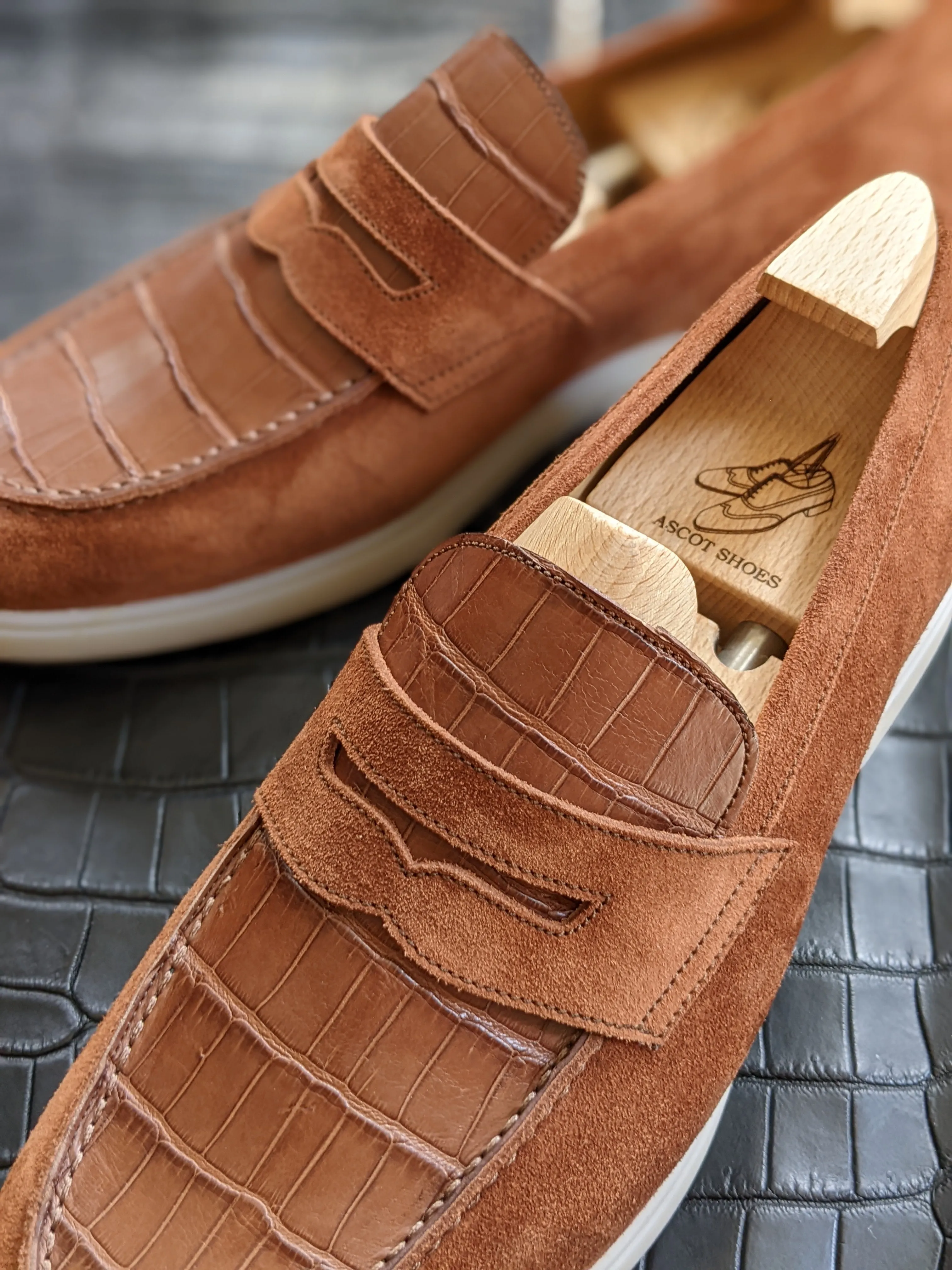 Ascot Classic Loafers - Tan Crocodile & Suede