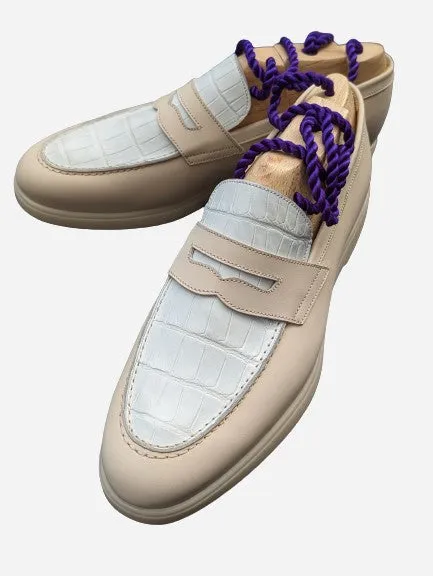 Ascot Classic Loafers - White Crocodile & Cream Leather