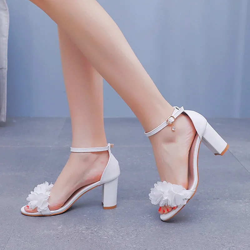 Beautiful white appliques chunky heels wedding sandals with ankle strap