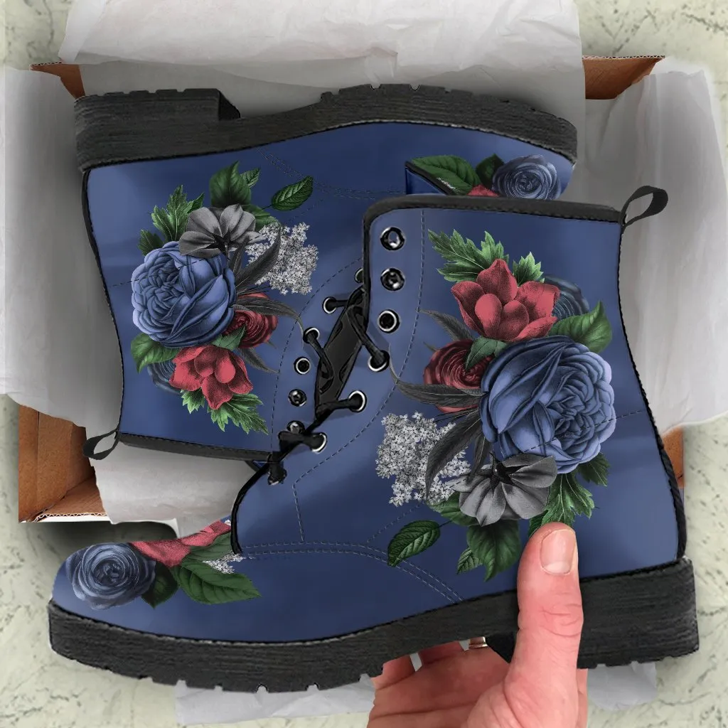 Combat Boots - Vintage Flowers in Dark Blue | Custom Shoes, Vegan Leather Lace Up Boots Women, Handmade Lace Up Boots, Women's Boots