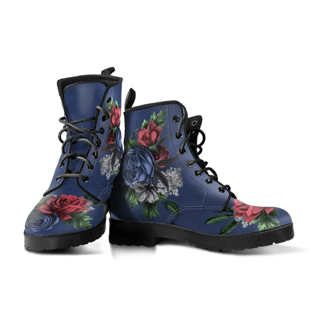 Combat Boots - Vintage Flowers in Dark Blue | Custom Shoes, Vegan Leather Lace Up Boots Women, Handmade Lace Up Boots, Women's Boots
