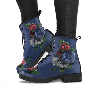 Combat Boots - Vintage Flowers in Dark Blue | Custom Shoes, Vegan Leather Lace Up Boots Women, Handmade Lace Up Boots, Women's Boots