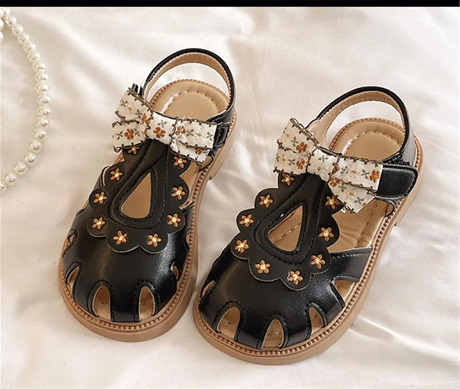 He&Yingmin Girls Bow Sandals Soft Closed Toe Princess Flat Shoes Summer Sandals