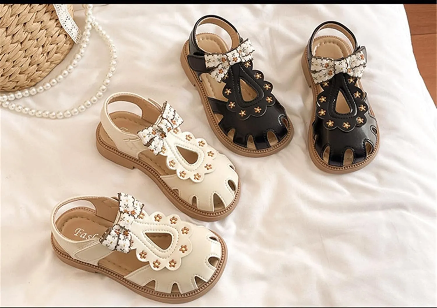 He&Yingmin Girls Bow Sandals Soft Closed Toe Princess Flat Shoes Summer Sandals