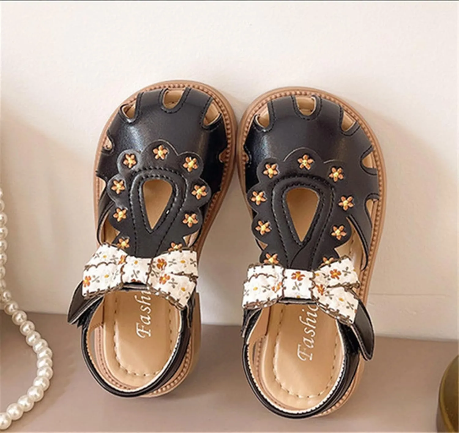 He&Yingmin Girls Bow Sandals Soft Closed Toe Princess Flat Shoes Summer Sandals