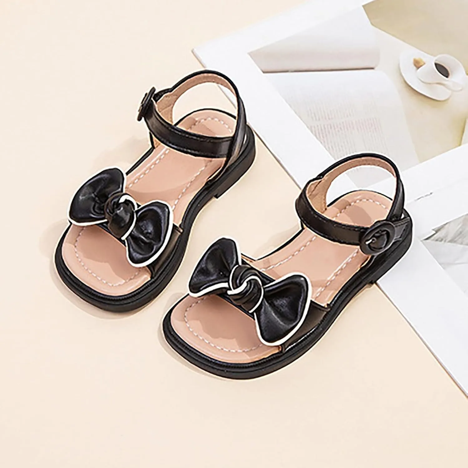 Kids Girls Dress Sandals Cute Bow Soft Rubber Flats Summer Open Toe Princess Flat Shoes with Adjustable Straps