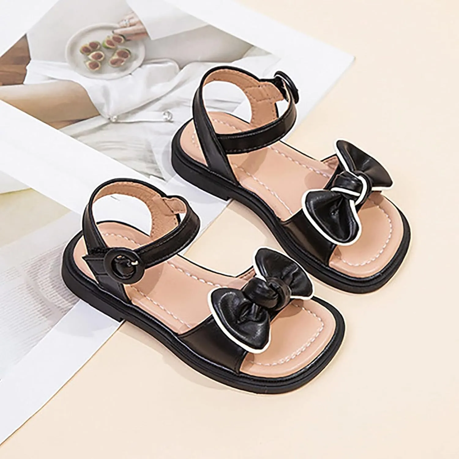 Kids Girls Dress Sandals Cute Bow Soft Rubber Flats Summer Open Toe Princess Flat Shoes with Adjustable Straps