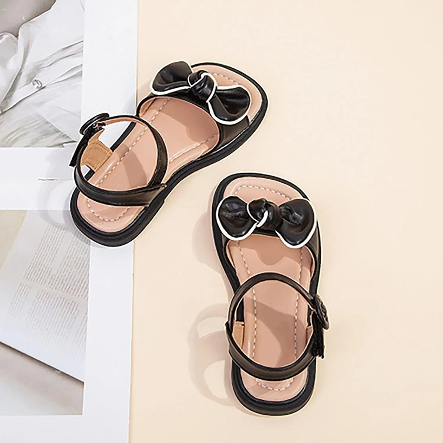 Kids Girls Dress Sandals Cute Bow Soft Rubber Flats Summer Open Toe Princess Flat Shoes with Adjustable Straps