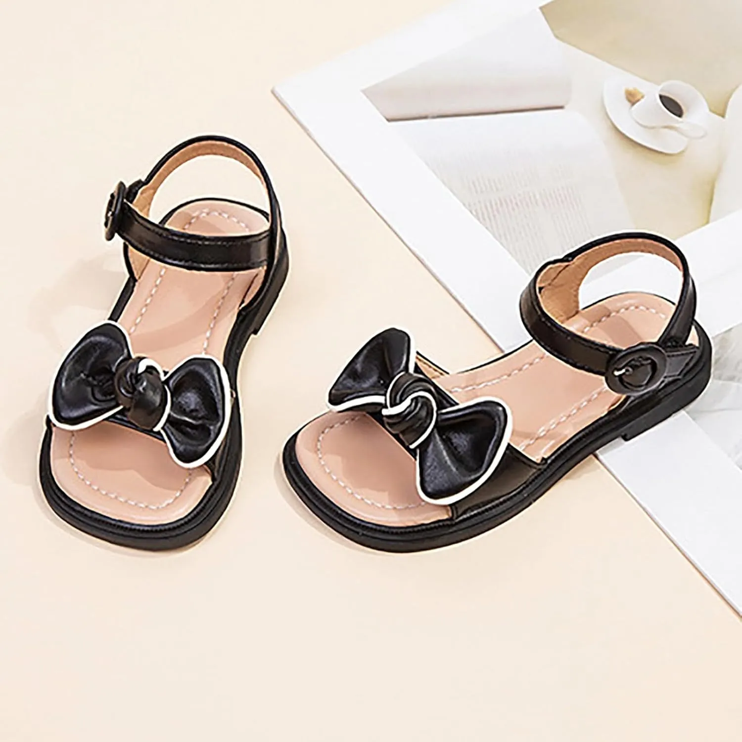 Kids Girls Dress Sandals Cute Bow Soft Rubber Flats Summer Open Toe Princess Flat Shoes with Adjustable Straps