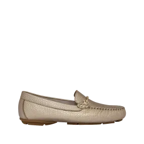 Metallic sand-colored leather moccasin