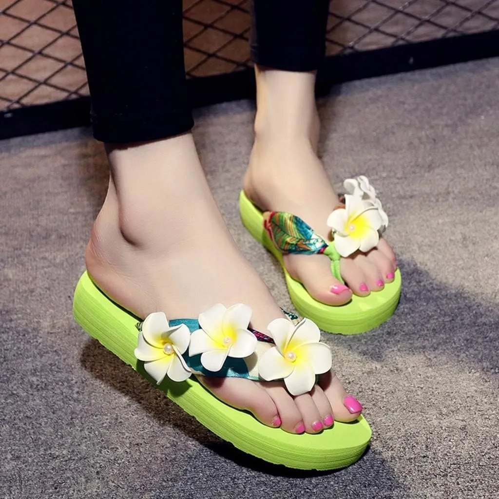 MIOKE Womens Bohemia Flower Flat Platform Flipflops Trendy Summer Comfy Satin Nonslip Beach Thong Sandals