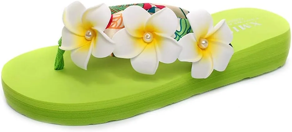 MIOKE Womens Bohemia Flower Flat Platform Flipflops Trendy Summer Comfy Satin Nonslip Beach Thong Sandals