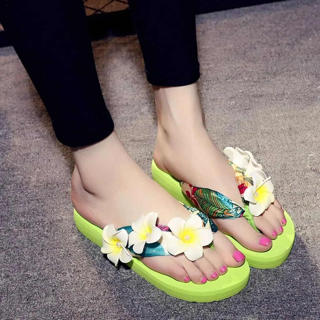 MIOKE Womens Bohemia Flower Flat Platform Flipflops Trendy Summer Comfy Satin Nonslip Beach Thong Sandals