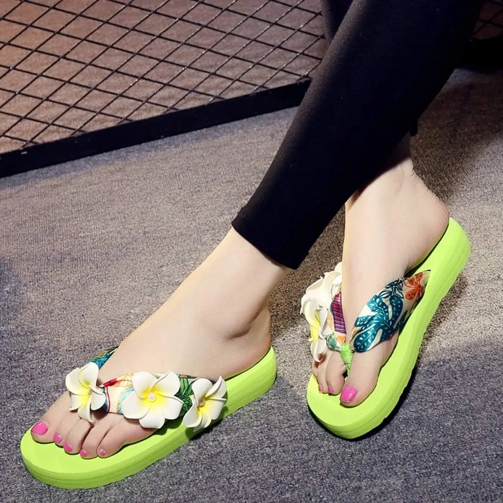 MIOKE Womens Bohemia Flower Flat Platform Flipflops Trendy Summer Comfy Satin Nonslip Beach Thong Sandals