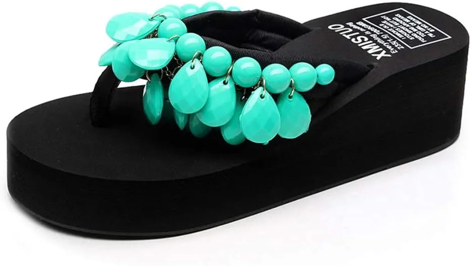 MIOKE Womens Bohemian Beaded Wedge Flipflops High Heel Platform Comfy Nonslip Summer Beach Thong Sandals