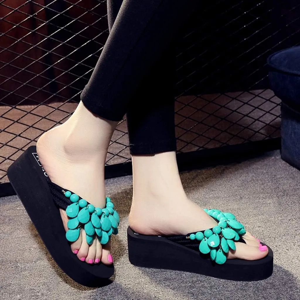 MIOKE Womens Bohemian Beaded Wedge Flipflops High Heel Platform Comfy Nonslip Summer Beach Thong Sandals