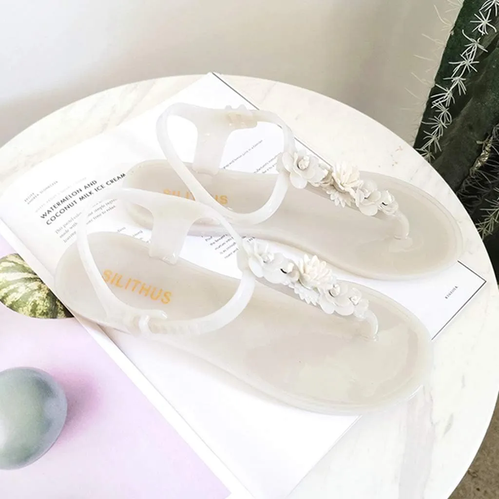 MIOKE Women's Flat Jelly Flipflops Sandals T-strap Flower Comfort Water Summer Beach Jellies Thong Sandal