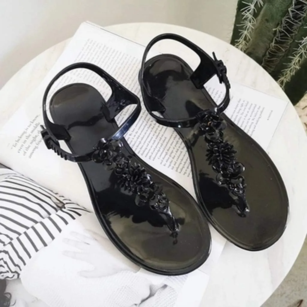 MIOKE Women's Flat Jelly Flipflops Sandals T-strap Flower Comfort Water Summer Beach Jellies Thong Sandal