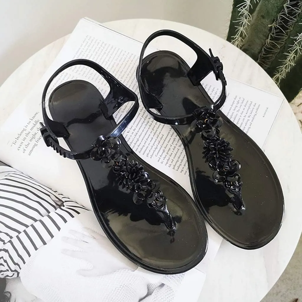 MIOKE Women's Flat Jelly Flipflops Sandals T-strap Flower Comfort Water Summer Beach Jellies Thong Sandal