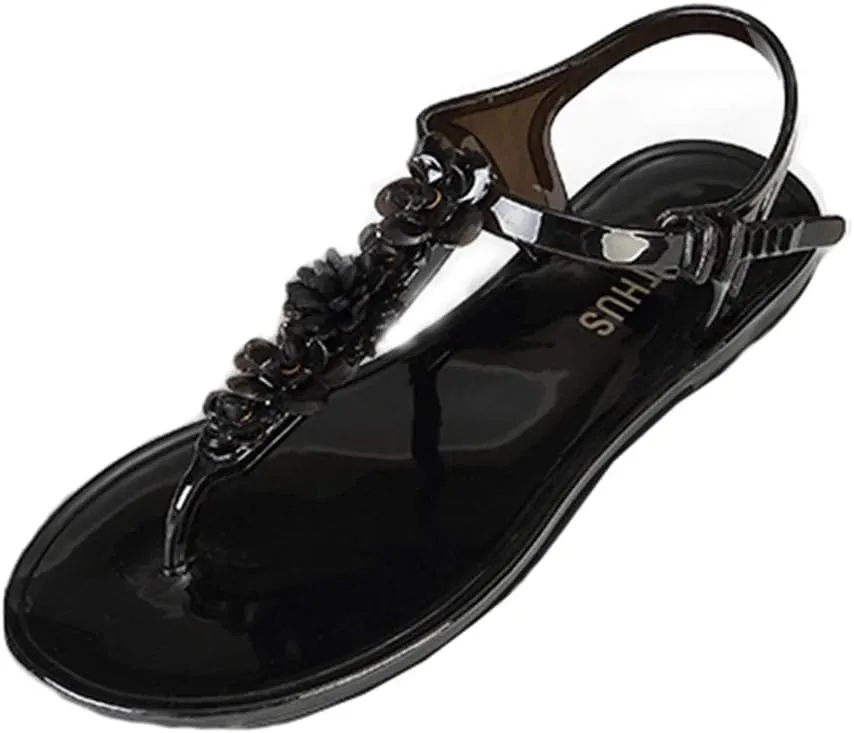 MIOKE Women's Flat Jelly Flipflops Sandals T-strap Flower Comfort Water Summer Beach Jellies Thong Sandal