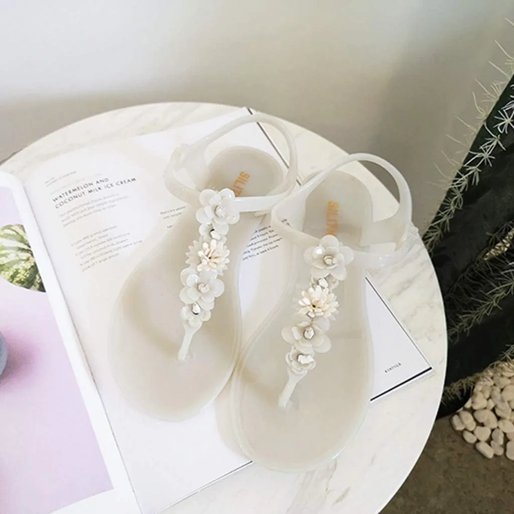 MIOKE Women's Flat Jelly Flipflops Sandals T-strap Flower Comfort Water Summer Beach Jellies Thong Sandal
