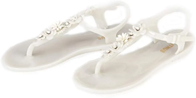 MIOKE Women's Flat Jelly Flipflops Sandals T-strap Flower Comfort Water Summer Beach Jellies Thong Sandal