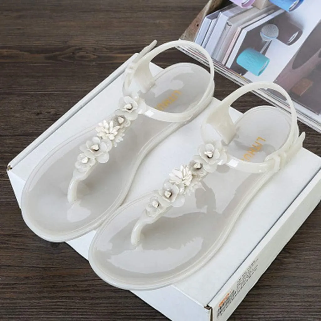 MIOKE Women's Flat Jelly Flipflops Sandals T-strap Flower Comfort Water Summer Beach Jellies Thong Sandal