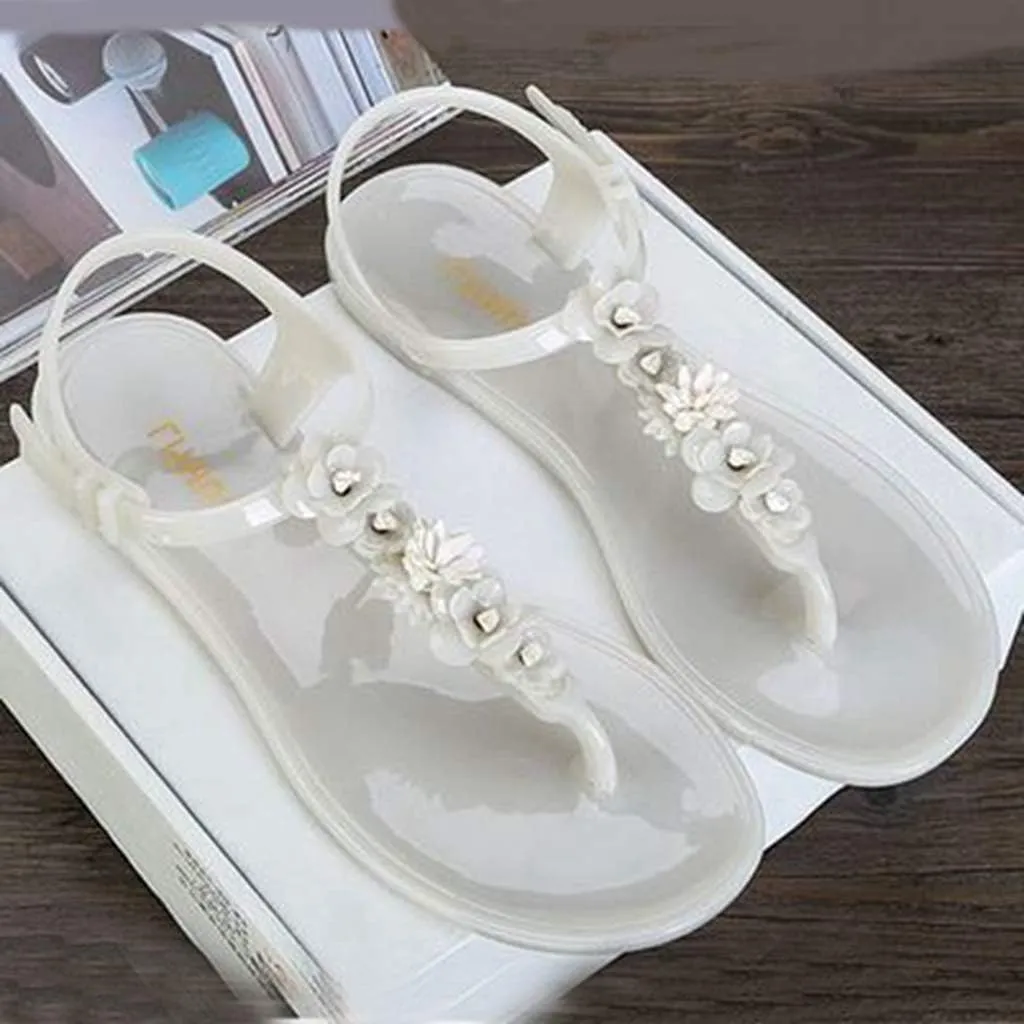MIOKE Women's Flat Jelly Flipflops Sandals T-strap Flower Comfort Water Summer Beach Jellies Thong Sandal