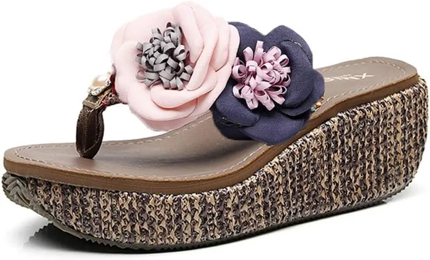 MIOKE Wome's Straw Platform Flipflops Bohemia Flowers Summer Comfort Nonslip Beach Wedge Thong Sandals