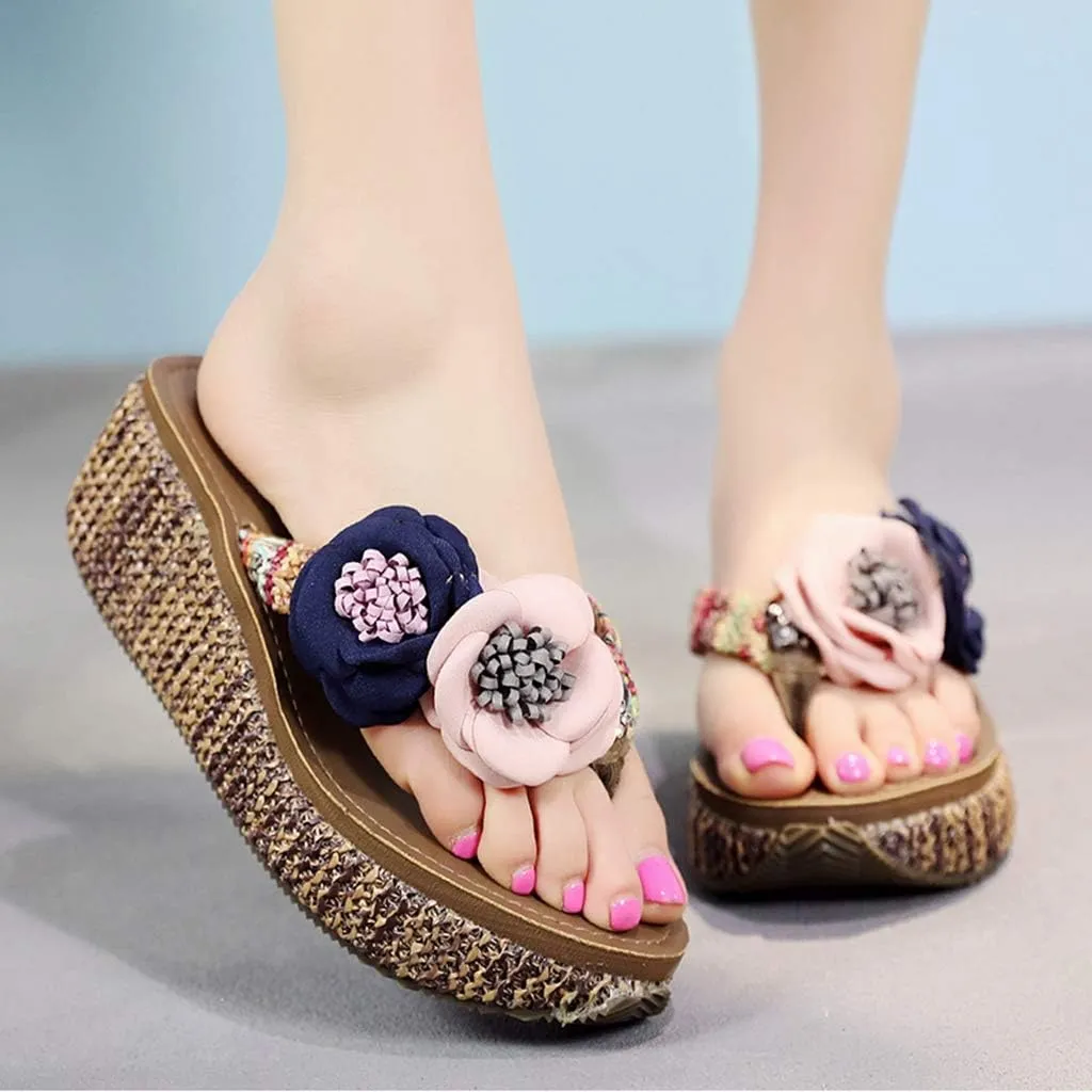 MIOKE Wome's Straw Platform Flipflops Bohemia Flowers Summer Comfort Nonslip Beach Wedge Thong Sandals