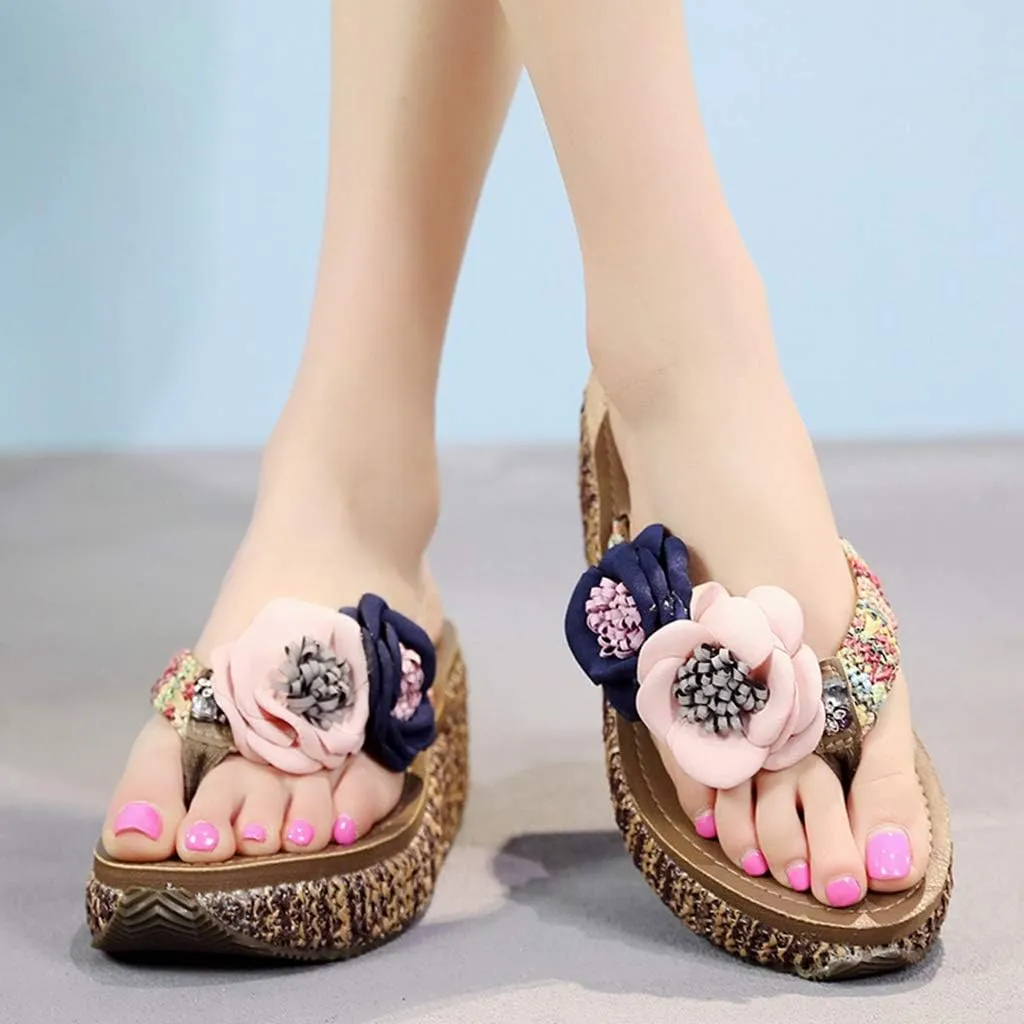 MIOKE Wome's Straw Platform Flipflops Bohemia Flowers Summer Comfort Nonslip Beach Wedge Thong Sandals