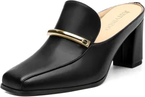 Mules High Heels for Women Loafers Shoes Chunky Heel Closed Square Toe Heeled Sandals Slip On Wedding Office Work Dressy Shoes 3 Inch