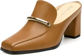 Mules High Heels for Women Loafers Shoes Chunky Heel Closed Square Toe Heeled Sandals Slip On Wedding Office Work Dressy Shoes 3 Inch