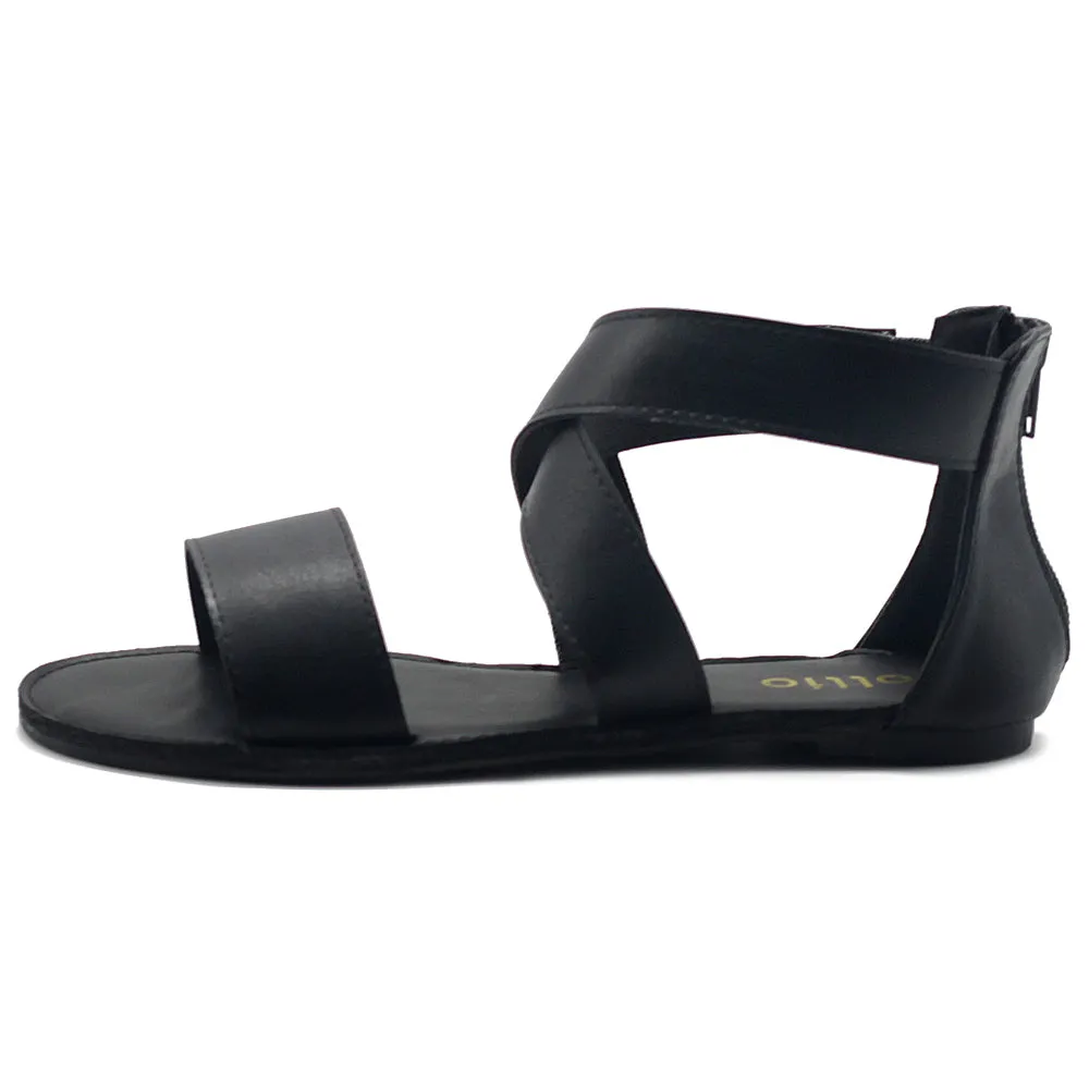 Ollio Women's Shoes Zip Up Gladiator Criss Cross Strap Flat Sandals