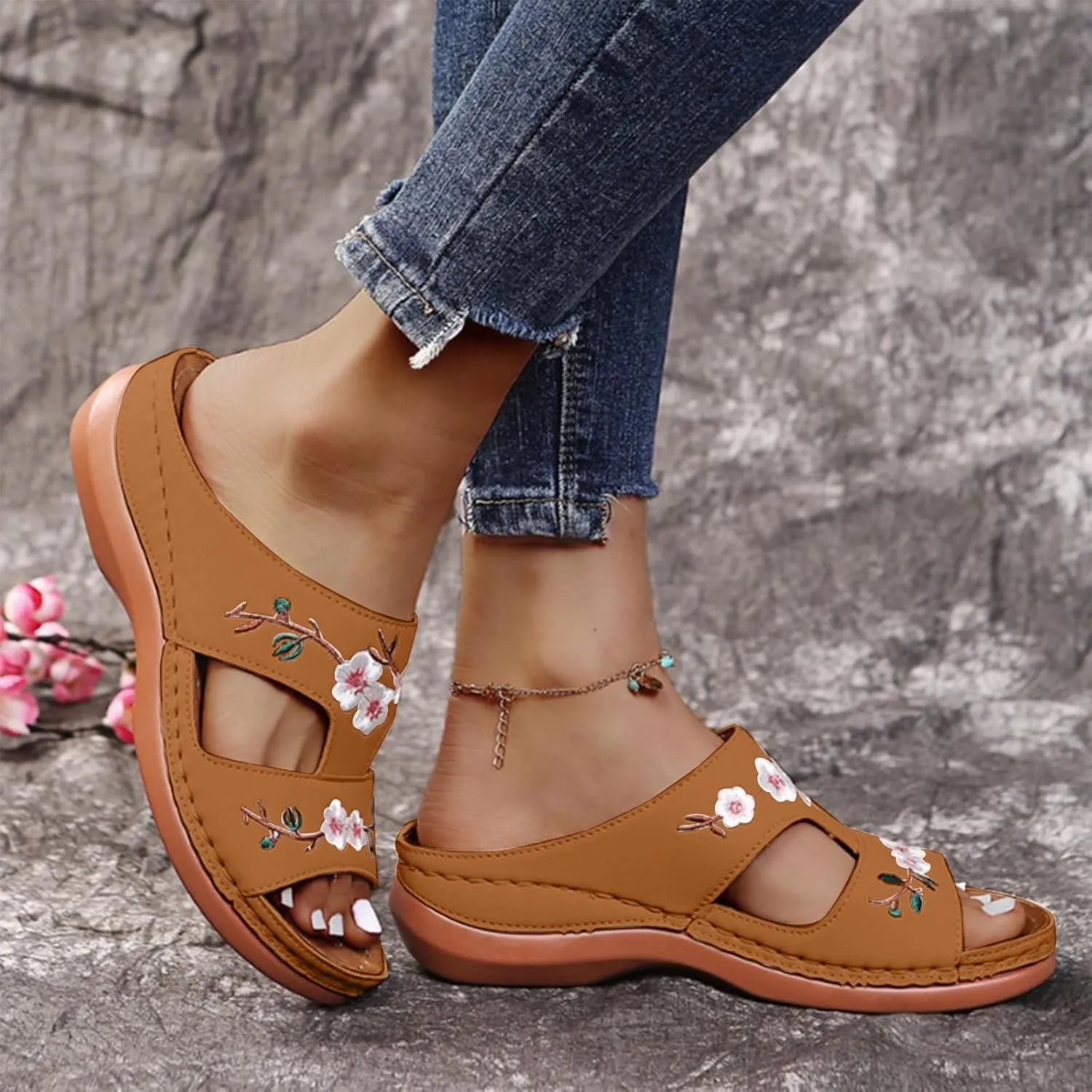 Orthopedic Sandals For Women Slip On Open Toe Soft Feetbed Flats Sandal Comfortable Walking Slippers Summer Arch Support Flip Flops Slip On Open Toe Soft Feetbed Flats Sandal
