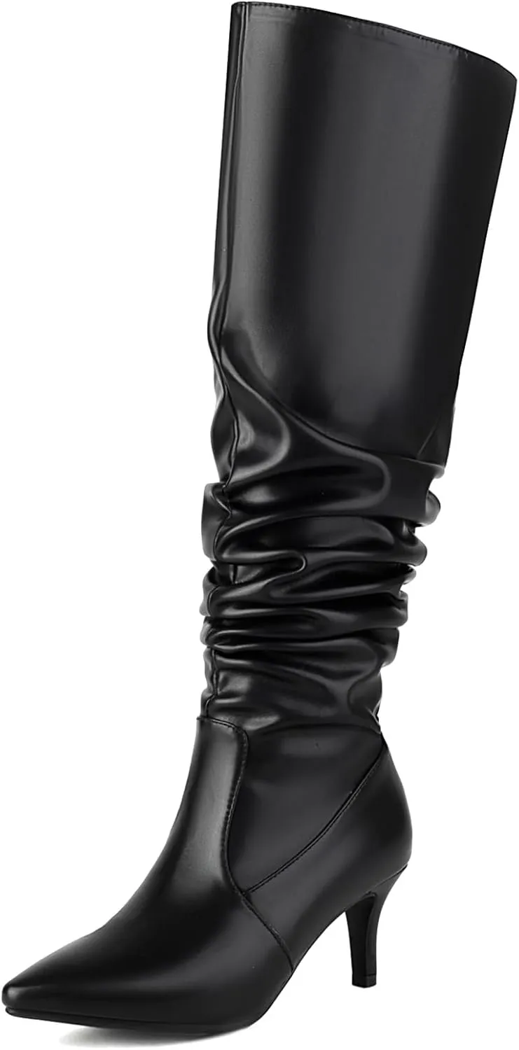 Roimaash Elegant Dressy Slouch Boots Kitten Heels Pull on Thigh High and Knee High Boots