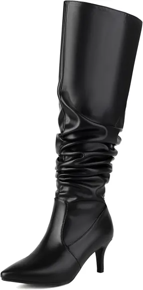 Roimaash Elegant Dressy Slouch Boots Kitten Heels Pull on Thigh High and Knee High Boots