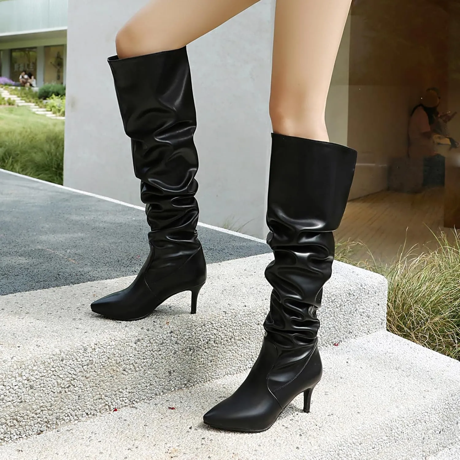 Roimaash Elegant Dressy Slouch Boots Kitten Heels Pull on Thigh High and Knee High Boots