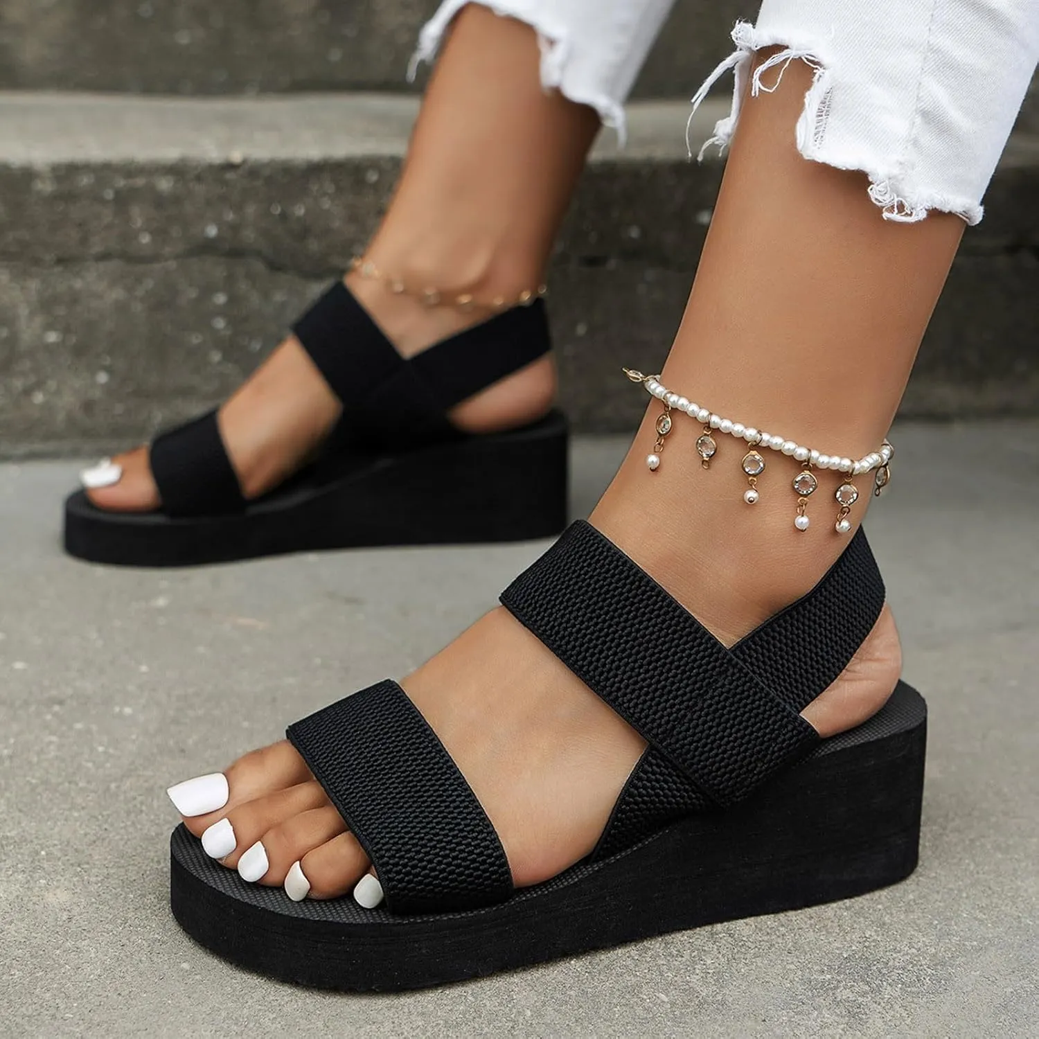 Sandals Women Fashion Strappy Soft Cushion Platform Wedge Sandals Casual Summer Beach Outdoor Black Womens Sandals