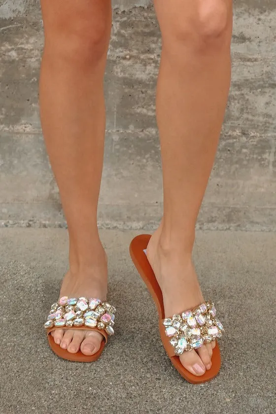 Steve Madden Brionna Jeweled Rhinestone Open Toe Flat Slide Mule Sandals