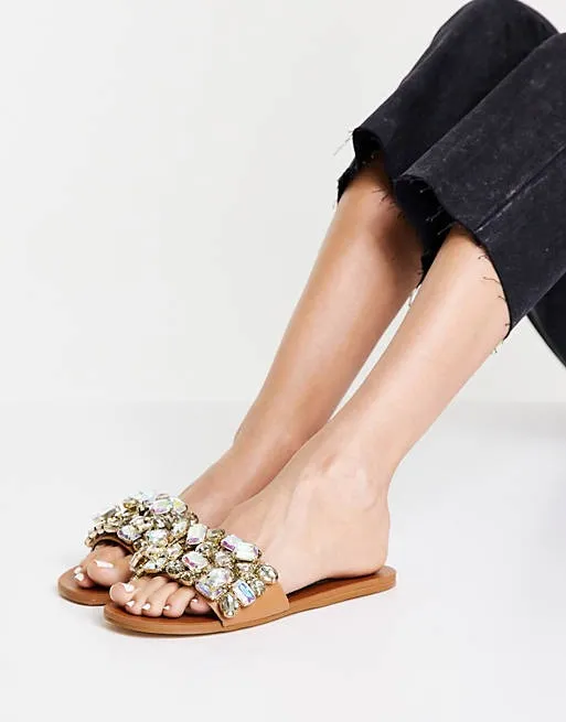 Steve Madden Brionna Jeweled Rhinestone Open Toe Flat Slide Mule Sandals
