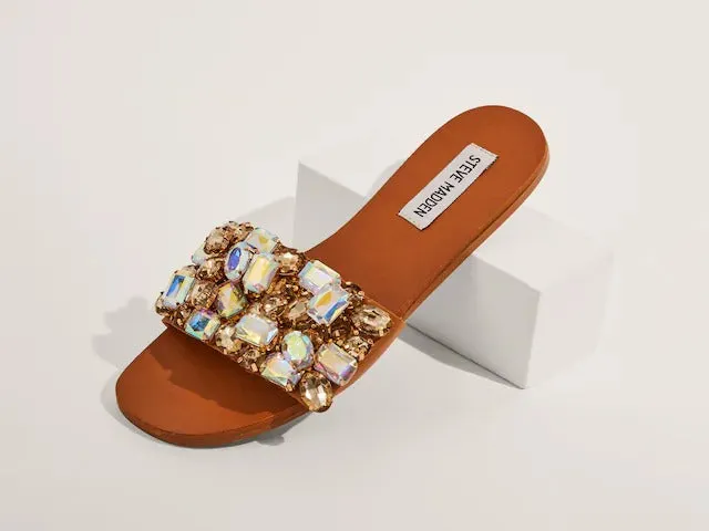 Steve Madden Brionna Jeweled Rhinestone Open Toe Flat Slide Mule Sandals