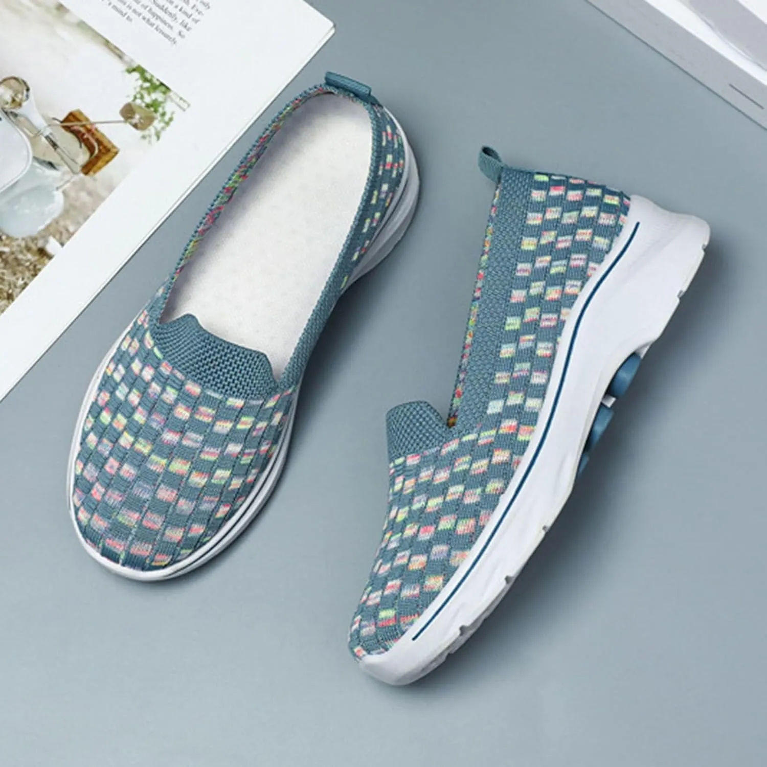 Summer Shoes for Women 2024 Flat Slip On Go Knit Tennis Flats Breathable Soft Ballet Shoes Comfortable Driving Walking Shoes