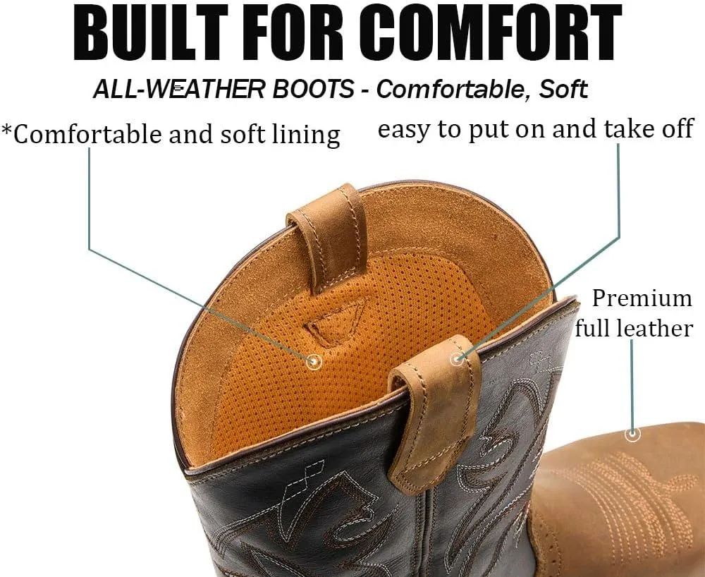 SUREWAY Western Boots - Mens Square Toe Work Boot,Pull On Leather Wellington Boots,Durable Classic Slip Resistant Soft Toe Cowboy Boot