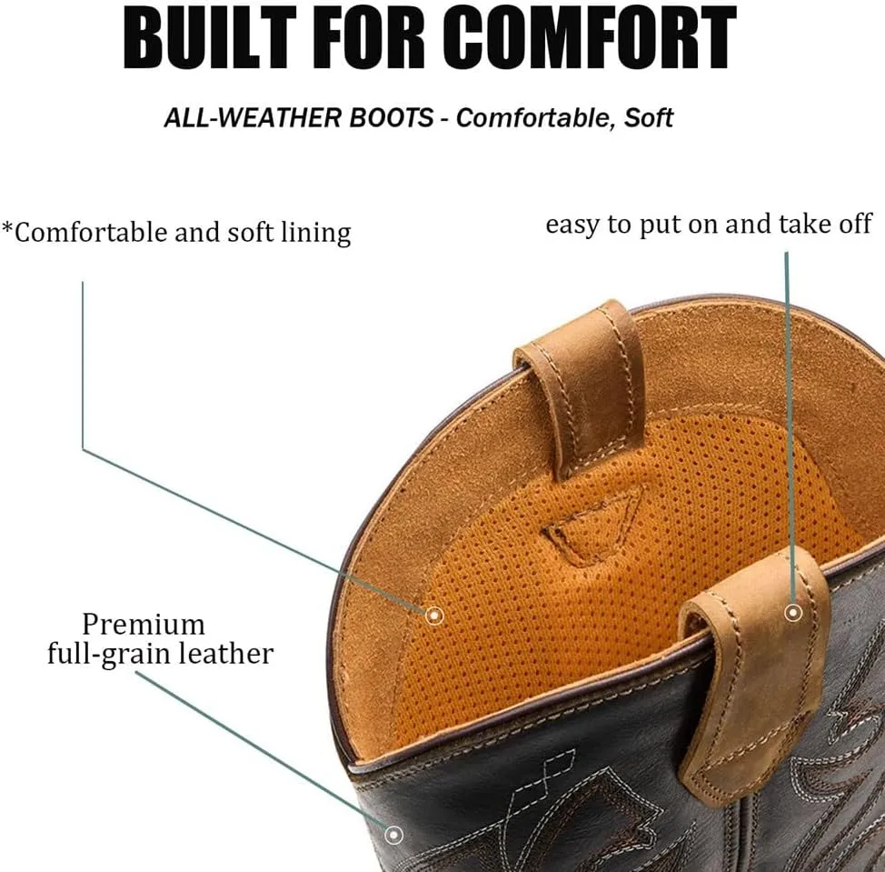 SUREWAY Western Boots - Mens Square Toe Work Boot,Pull On Leather Wellington Boots,Durable Classic Slip Resistant Soft Toe Cowboy Boot